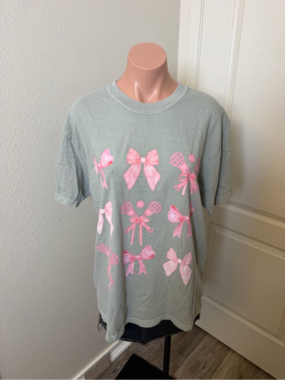 Comfort Colors Light Sage Tee with Pink Bow Motif